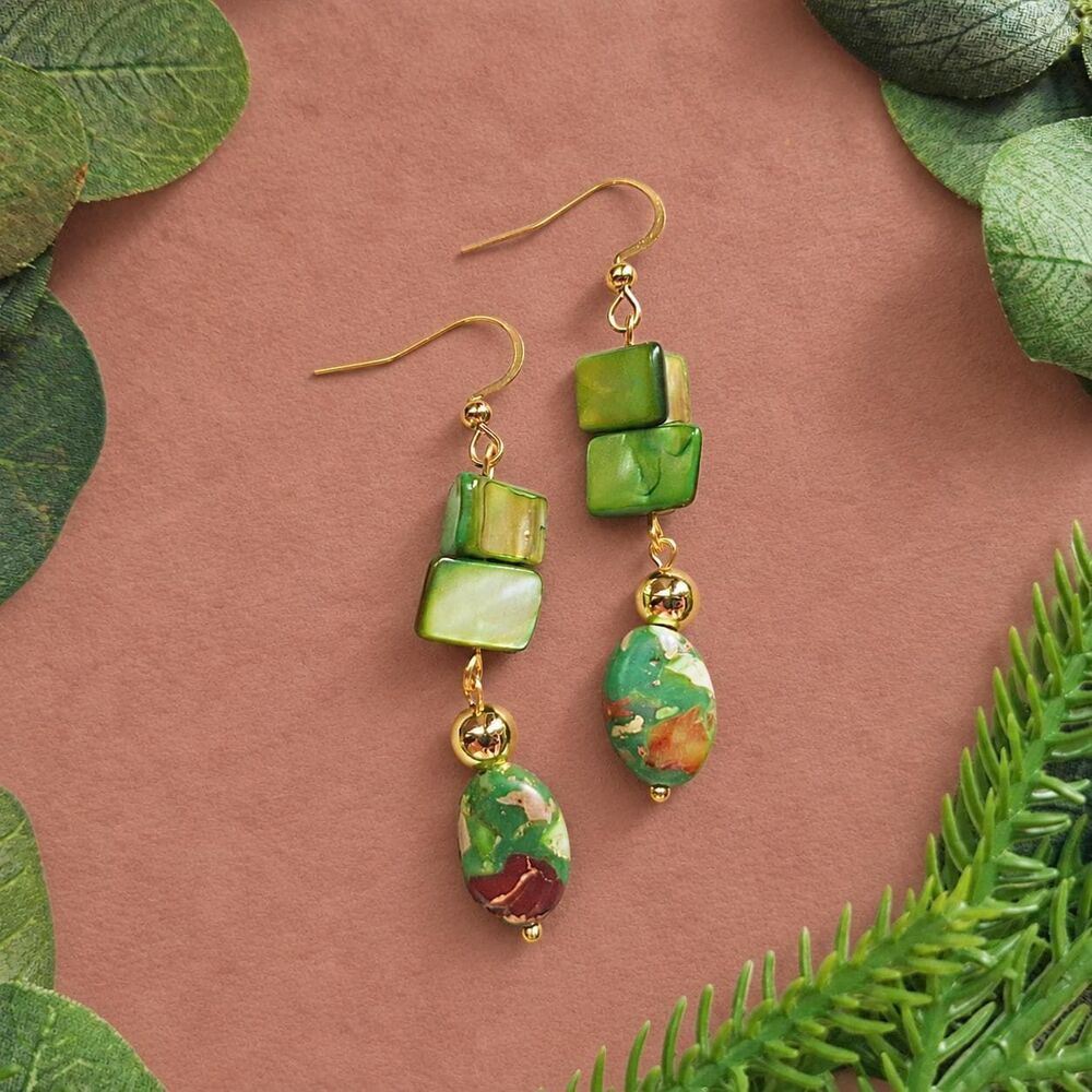 Green Imperial Jasper & Mother of Pearl Drop Earrings, Gold Dangle